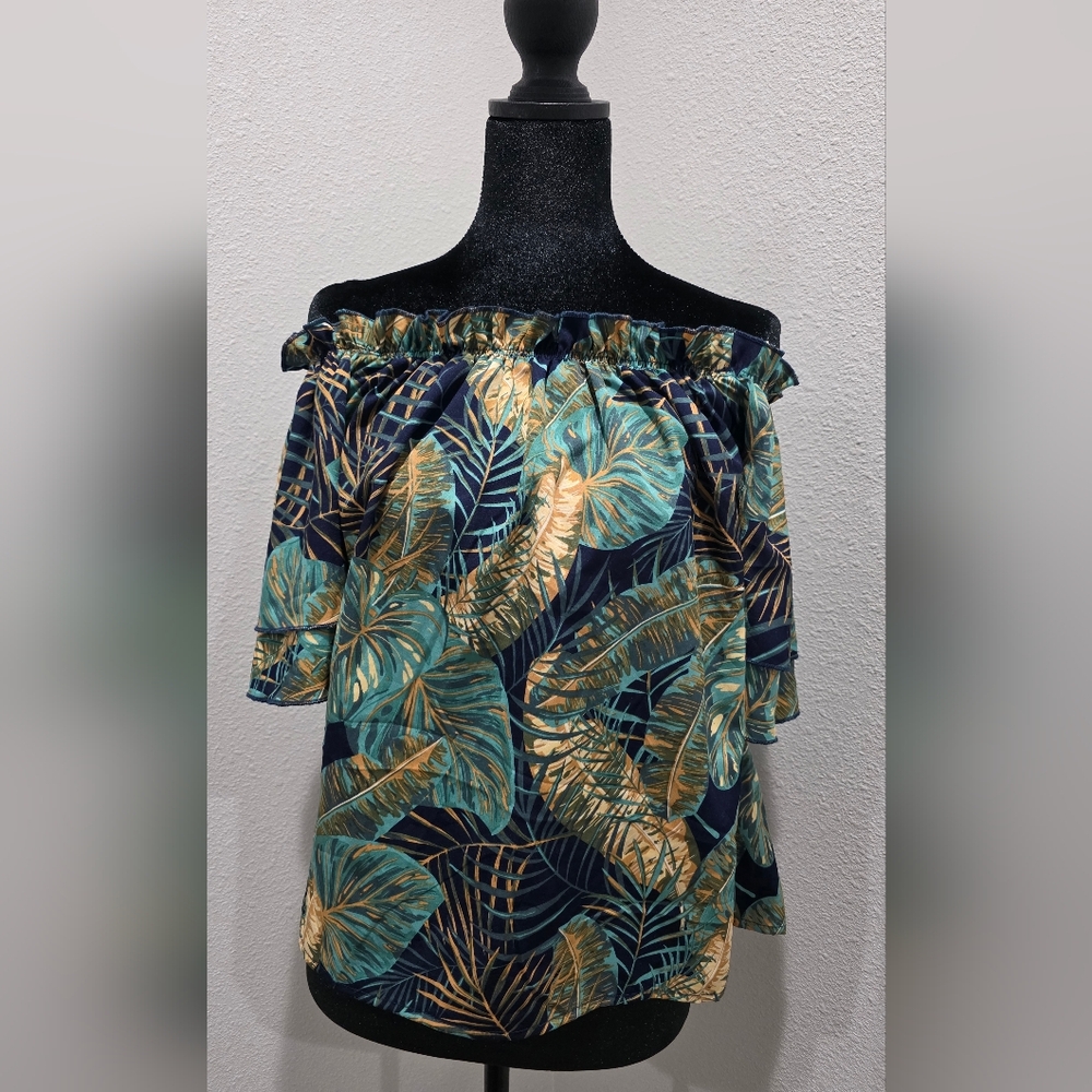 Tropical Off-Shoulder Blouse - Green and Gold